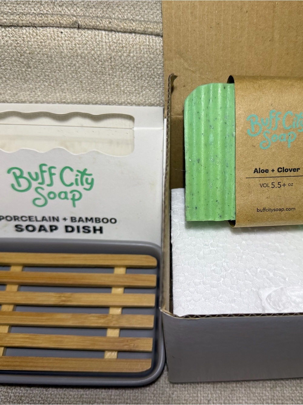 Buff City Soap Aloe + Clover Bar Soap & Porcelain Bamboo Soap Dish Set NEW